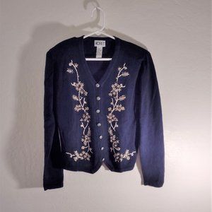 Womens Navy Blue Knit Sweater w/ light padded shoulders and patterned front